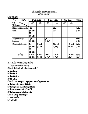 Đề kiểm tra giữa học kì I Sinh học lớp 7 (Có đáp án)